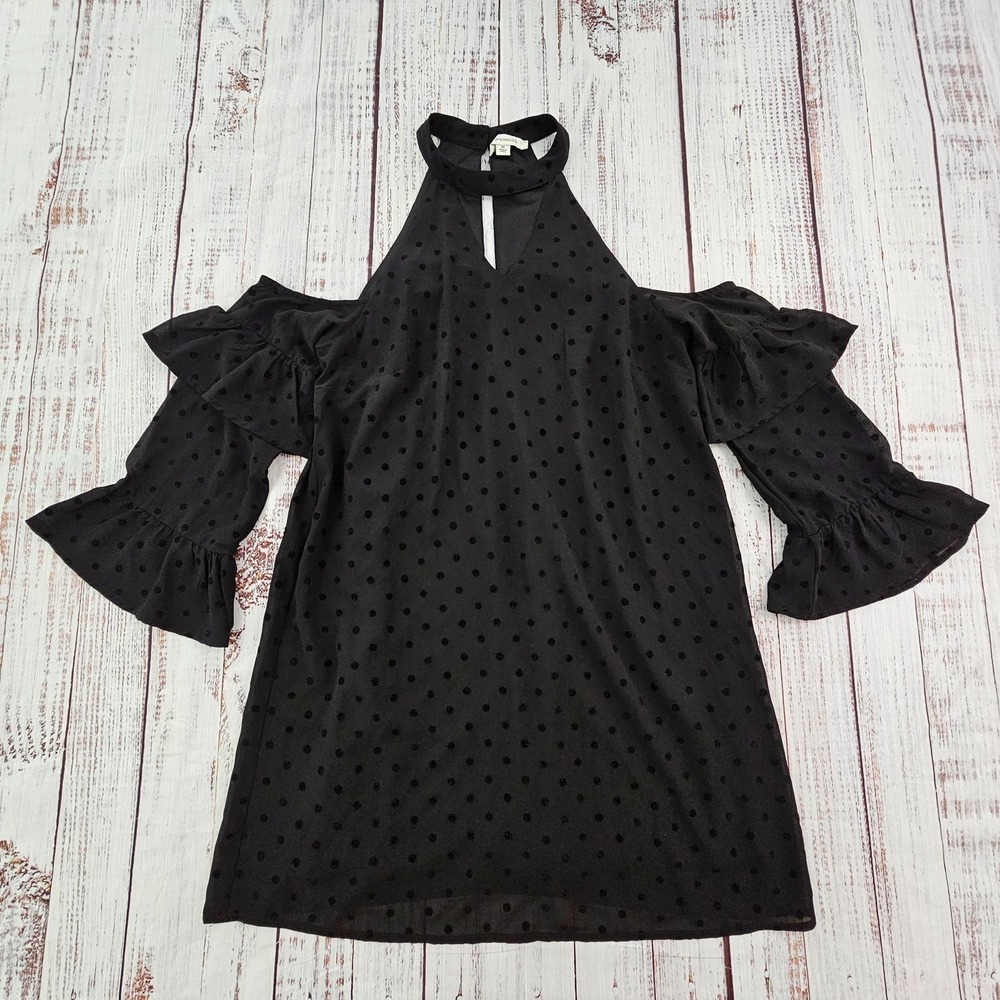 Francesca's Black Polka Dot Cold Shoulder Ruffle Sleeve Halter Dress M